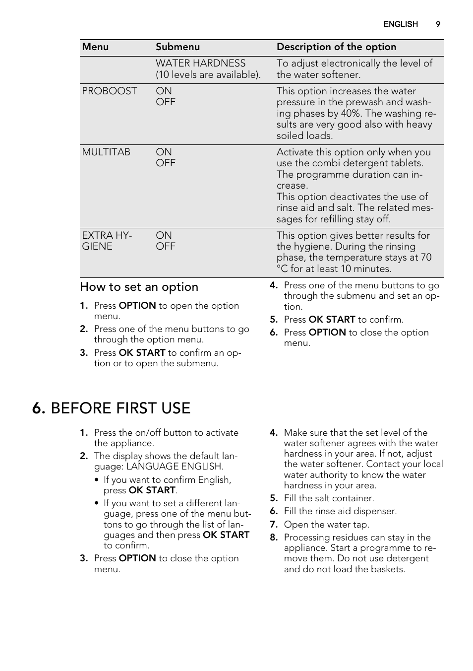 Before first use, How to set an option | AEG FAVORIT 99015 VI0P User Manual | Page 9 / 20