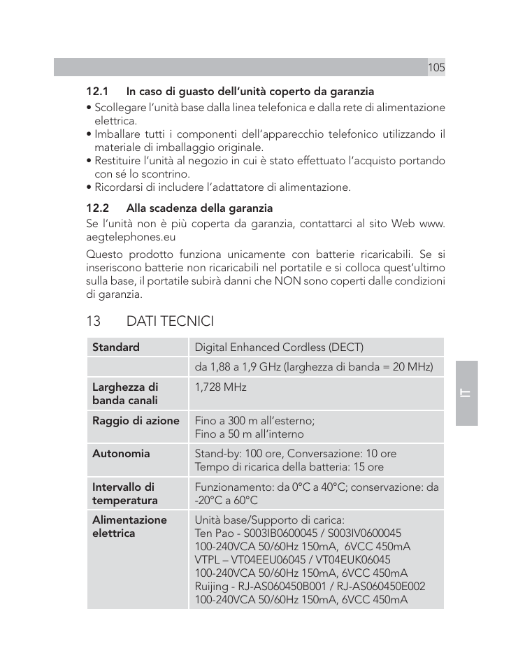 13 dati tecnici | AEG Voxtel D505 User Manual | Page 105 / 150