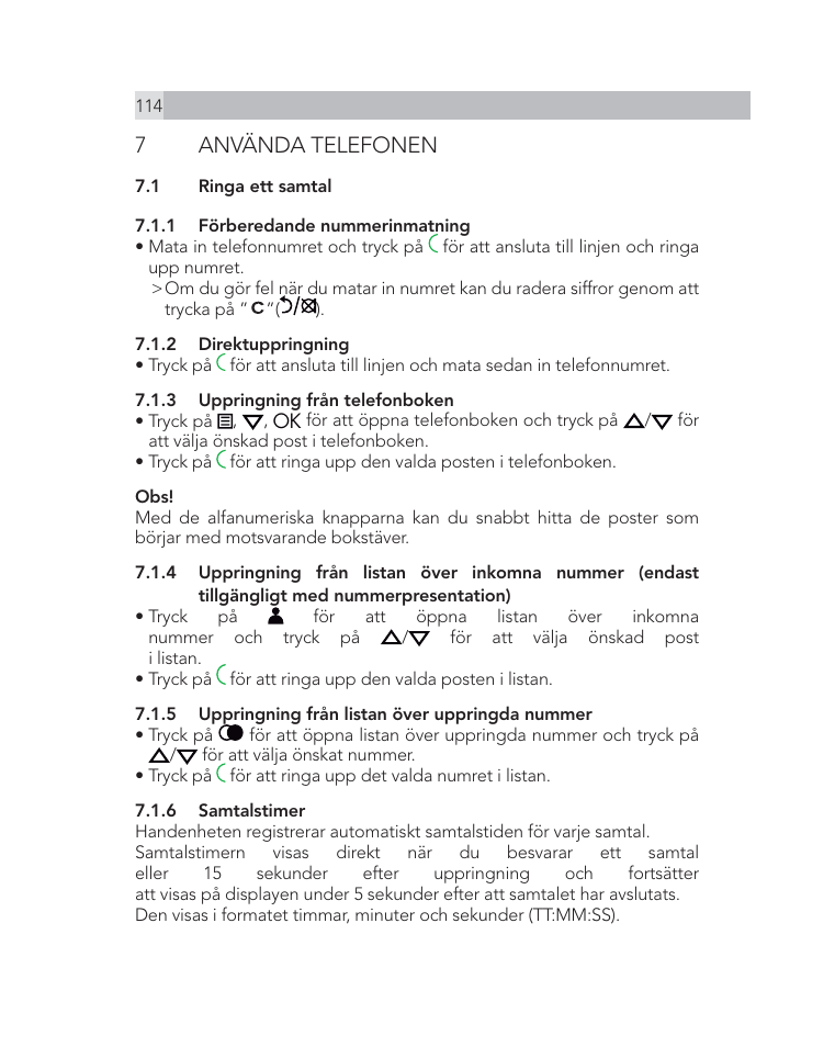 7 använda telefonen | AEG Voxtel D505 User Manual | Page 114 / 150