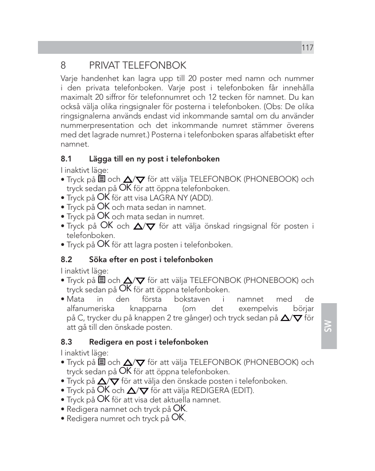8 privat telefonbok | AEG Voxtel D505 User Manual | Page 117 / 150