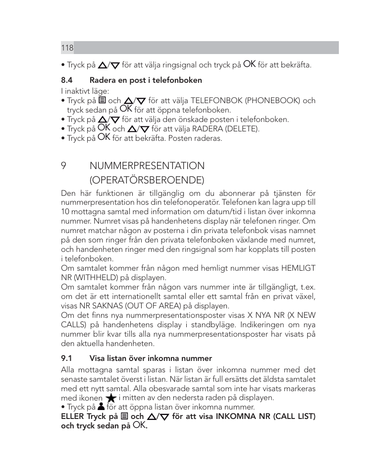 9 nummerpresentation (operatörsberoende) | AEG Voxtel D505 User Manual | Page 118 / 150