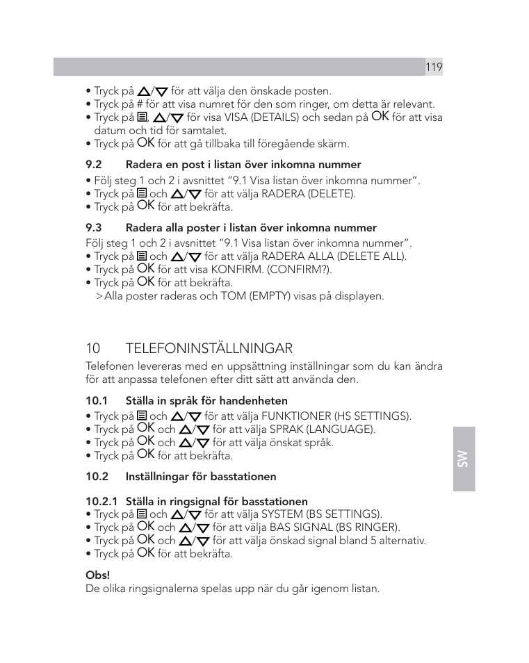 10 telefoninställningar | AEG Voxtel D505 User Manual | Page 119 / 150