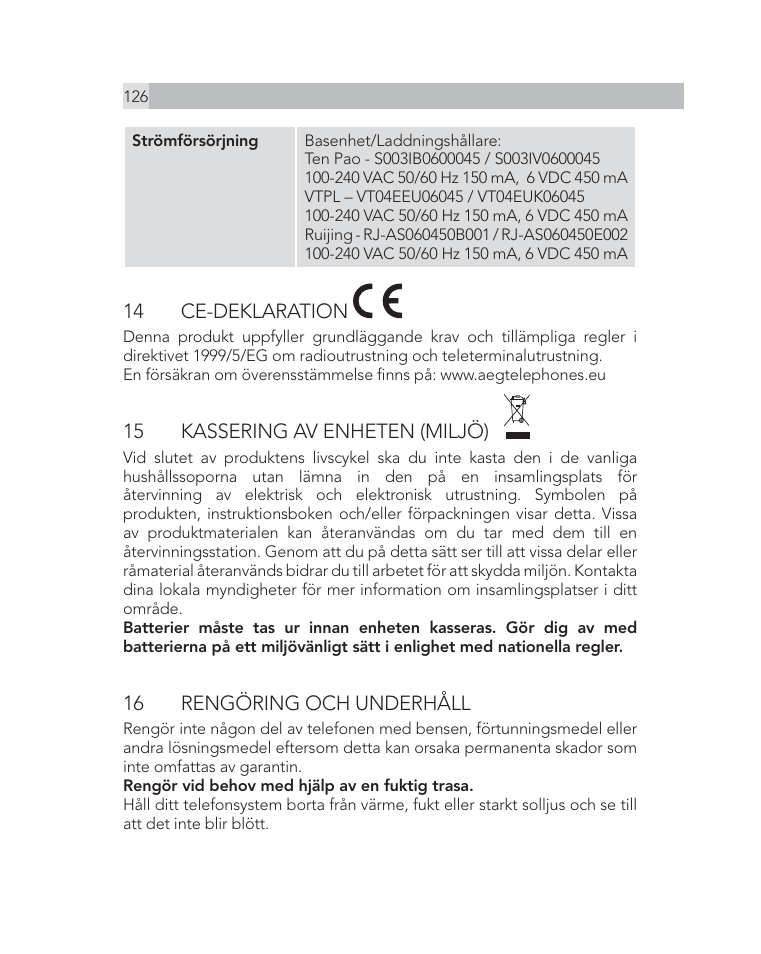 14 ce-deklaration, 15 kassering av enheten (miljö), 16 rengöring och underhåll | AEG Voxtel D505 User Manual | Page 126 / 150