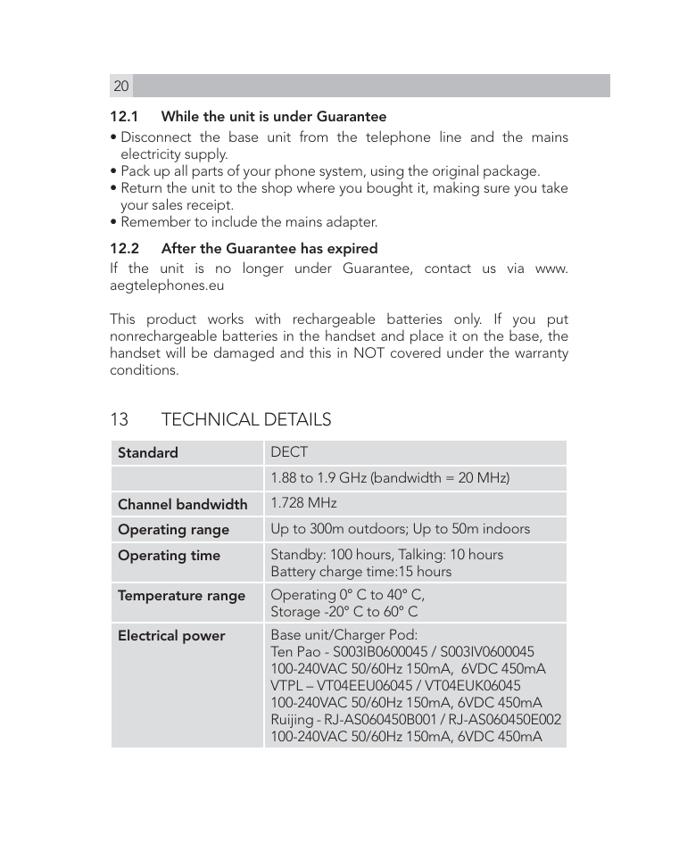 13 technical details | AEG Voxtel D505 User Manual | Page 20 / 150
