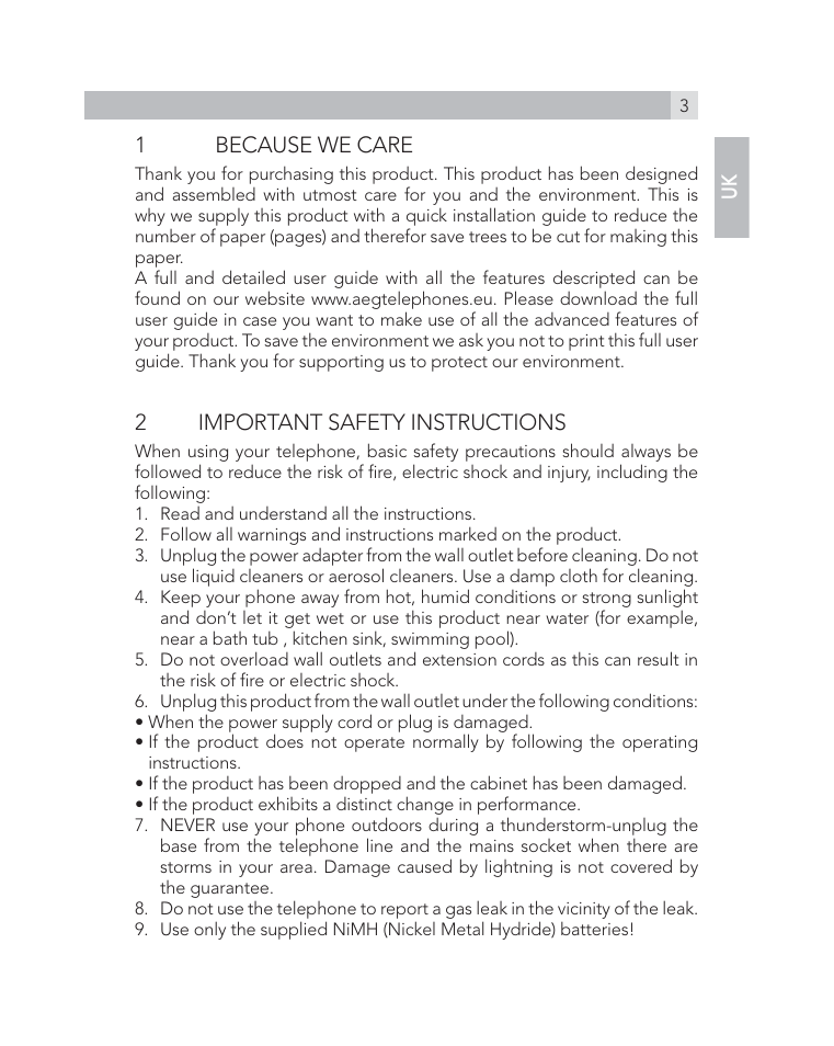 1because we care, 2important safety instructions | AEG Voxtel D505 User Manual | Page 3 / 150