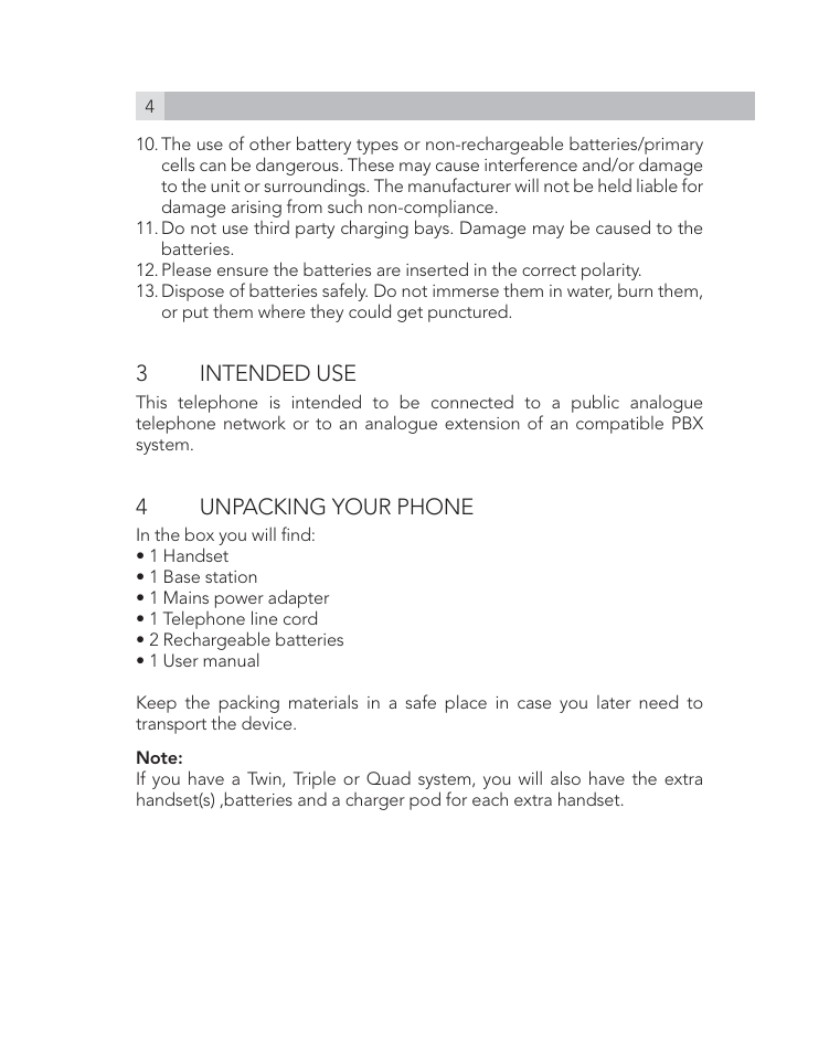 3 intended use, 4unpacking your phone | AEG Voxtel D505 User Manual | Page 4 / 150