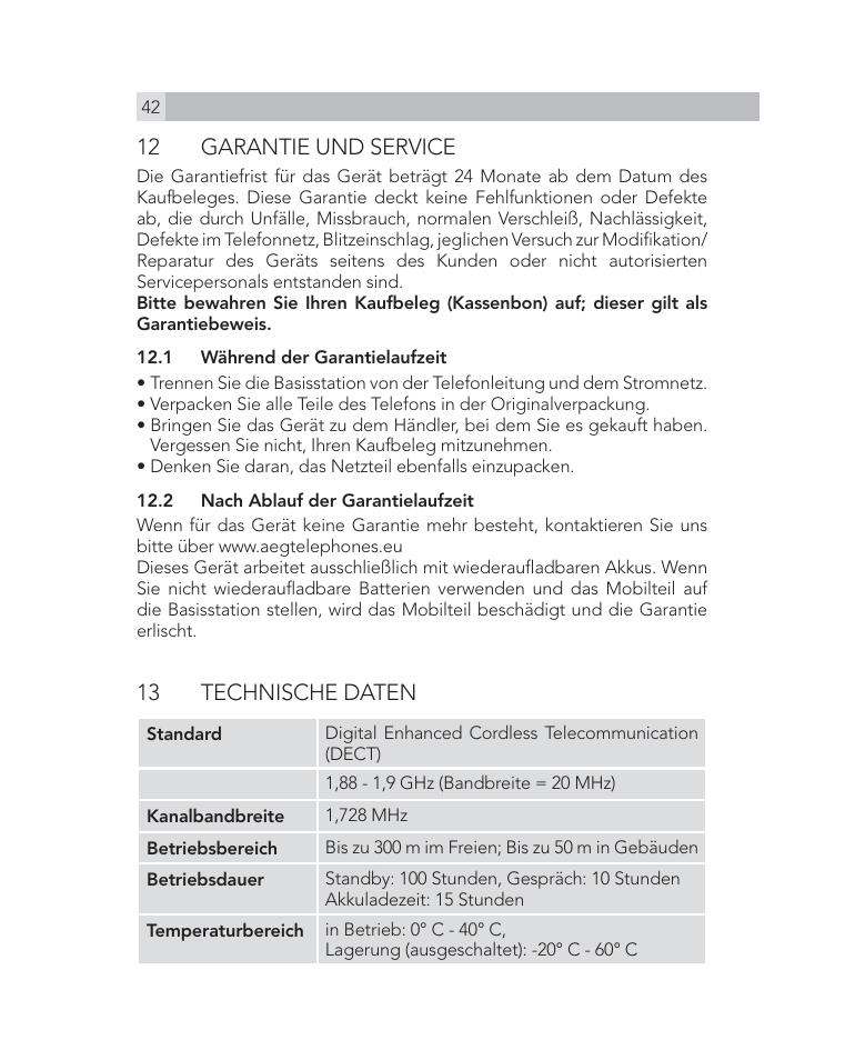 12 garantie und service, 13 technische daten | AEG Voxtel D505 User Manual | Page 42 / 150