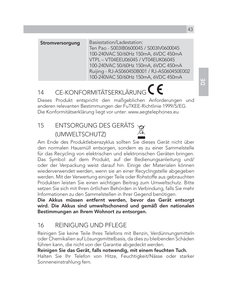 14 ce-konformitätserklärung, 15 entsorgung des geräts (umweltschutz), 16 reinigung und pflege | AEG Voxtel D505 User Manual | Page 43 / 150
