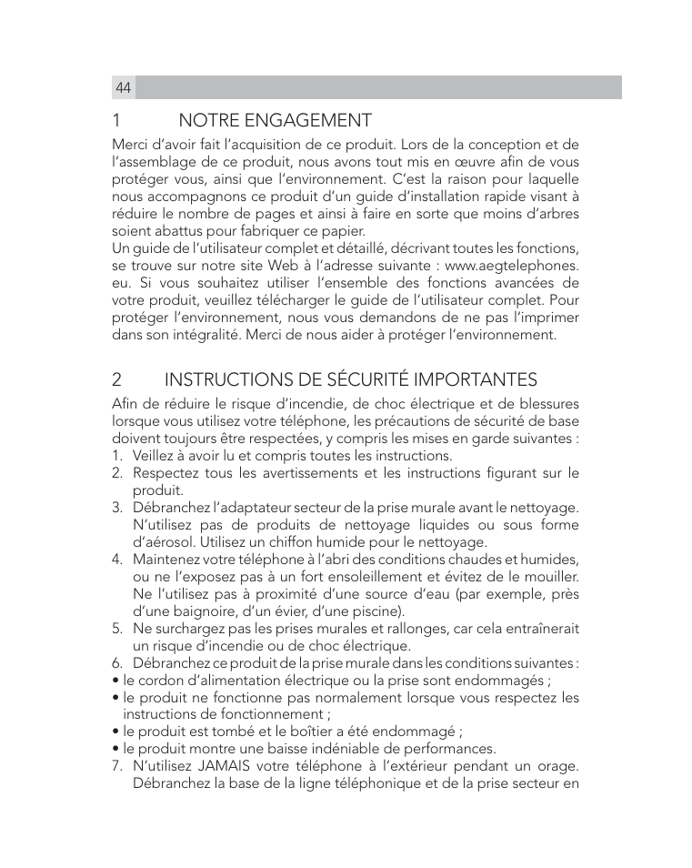 1 notre engagement, 2instructions de sécurité importantes | AEG Voxtel D505 User Manual | Page 44 / 150