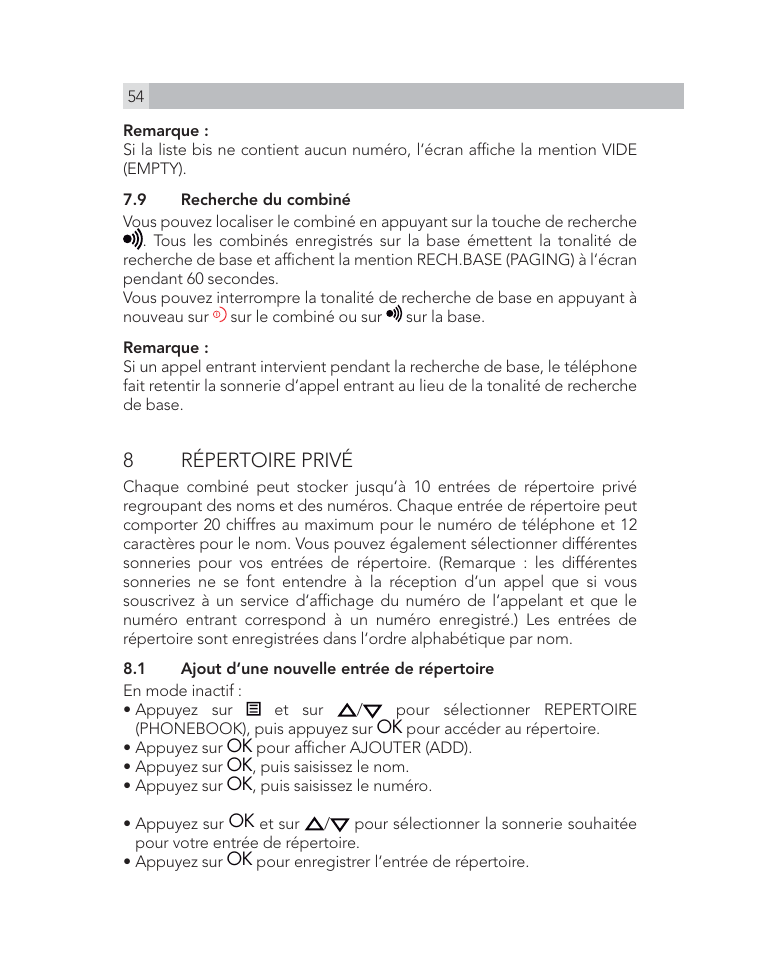 8 répertoire privé | AEG Voxtel D505 User Manual | Page 54 / 150