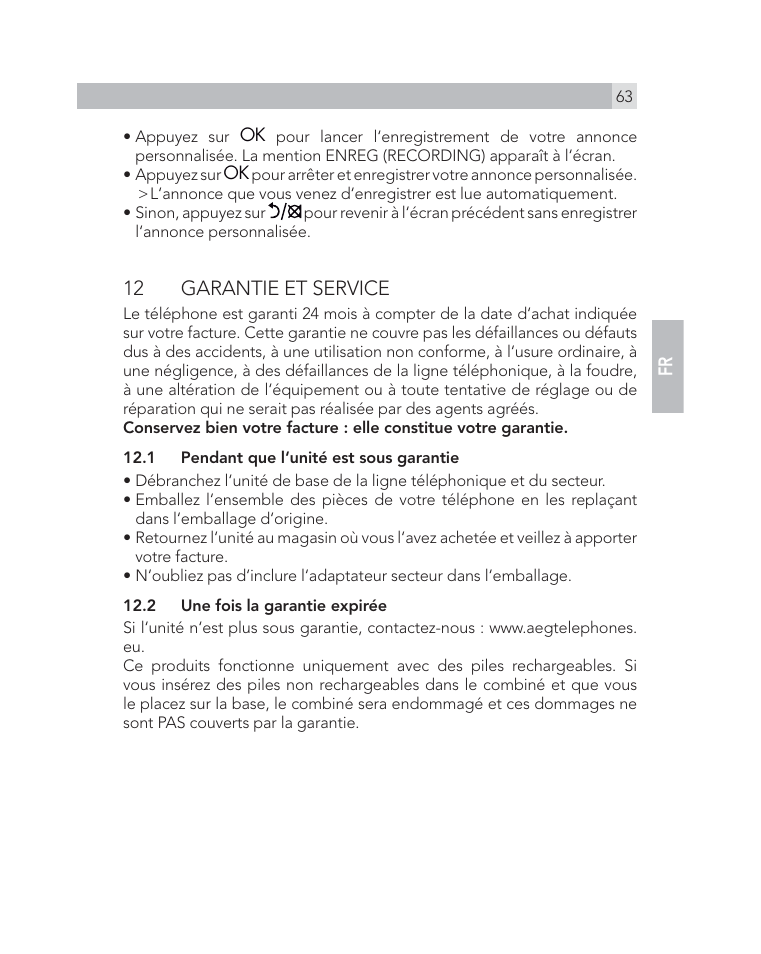 12 garantie et service | AEG Voxtel D505 User Manual | Page 63 / 150