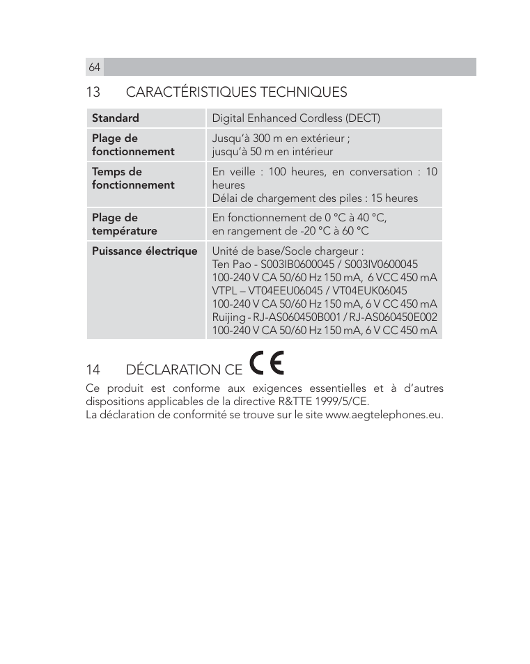 13 caractéristiques techniques, 14 déclaration ce | AEG Voxtel D505 User Manual | Page 64 / 150
