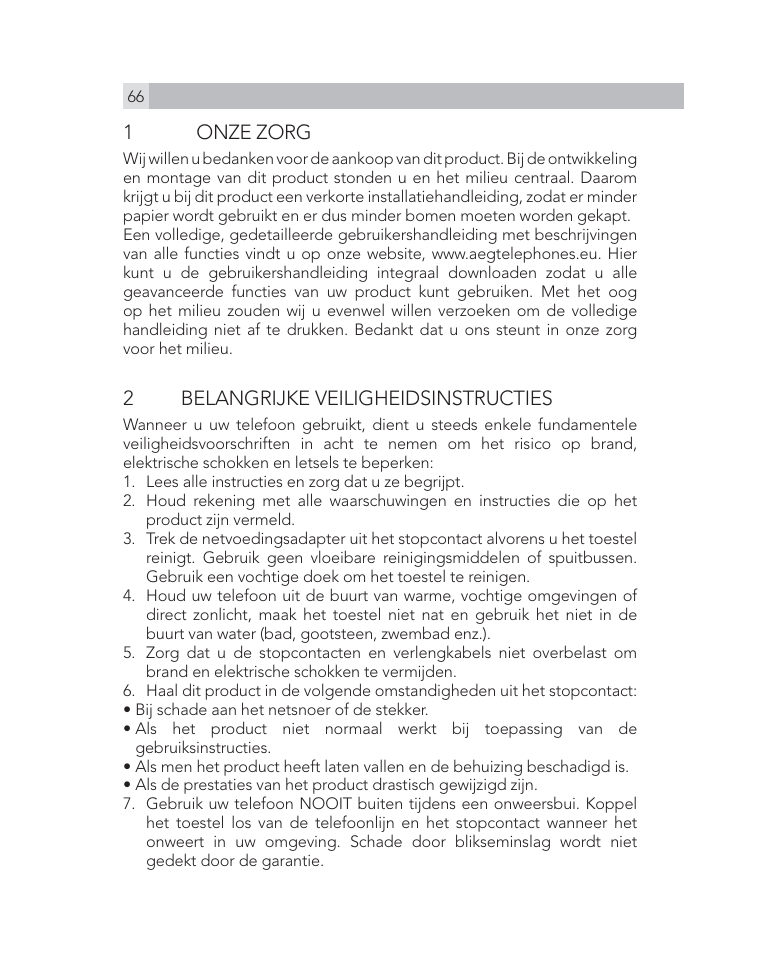 1 onze zorg, 2 belangrijke veiligheidsinstructies | AEG Voxtel D505 User Manual | Page 66 / 150