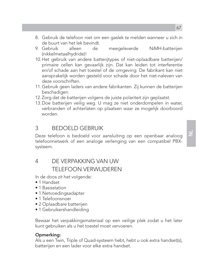 3 bedoeld gebruik, 4de verpakking van uw telefoon verwijderen | AEG Voxtel D505 User Manual | Page 67 / 150