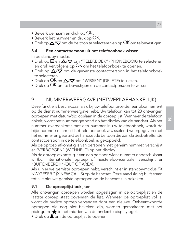 9 nummerweergave (netwerkafhankelijk) | AEG Voxtel D505 User Manual | Page 77 / 150