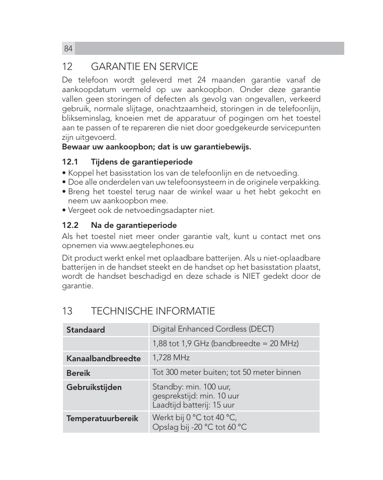 12 garantie en service, 13 technische informatie | AEG Voxtel D505 User Manual | Page 84 / 150