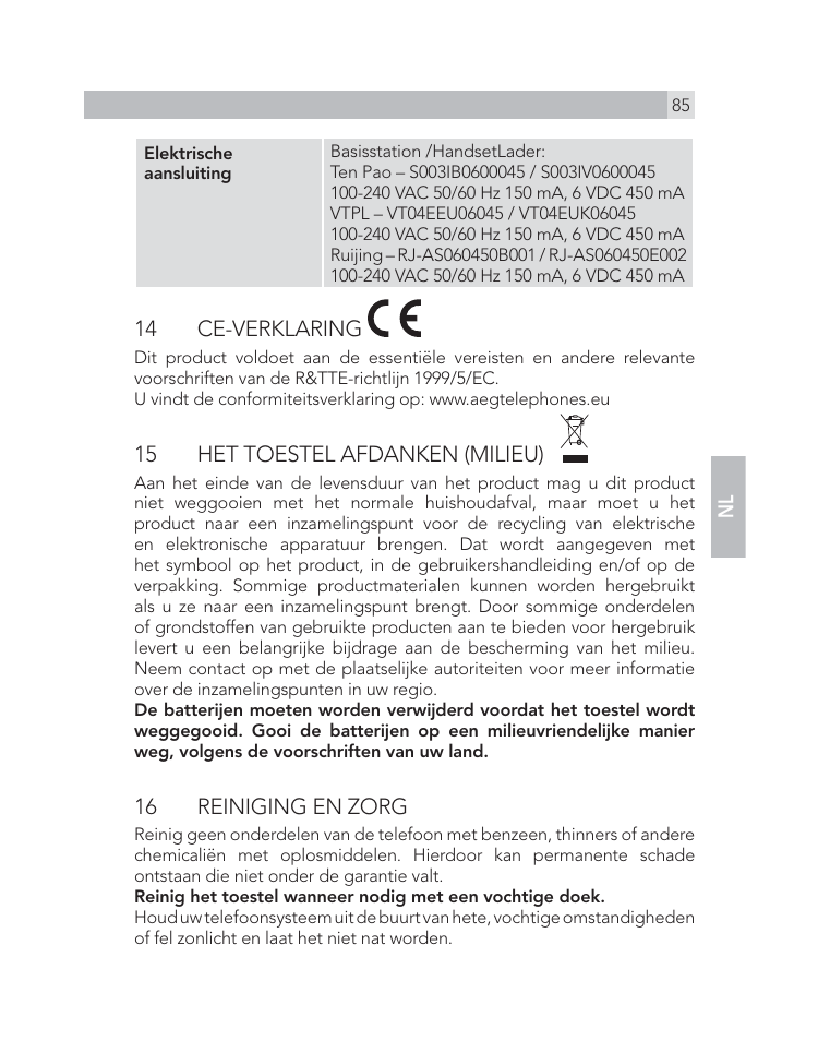 14 ce-verklaring, 15 het toestel afdanken (milieu), 16 reiniging en zorg | AEG Voxtel D505 User Manual | Page 85 / 150