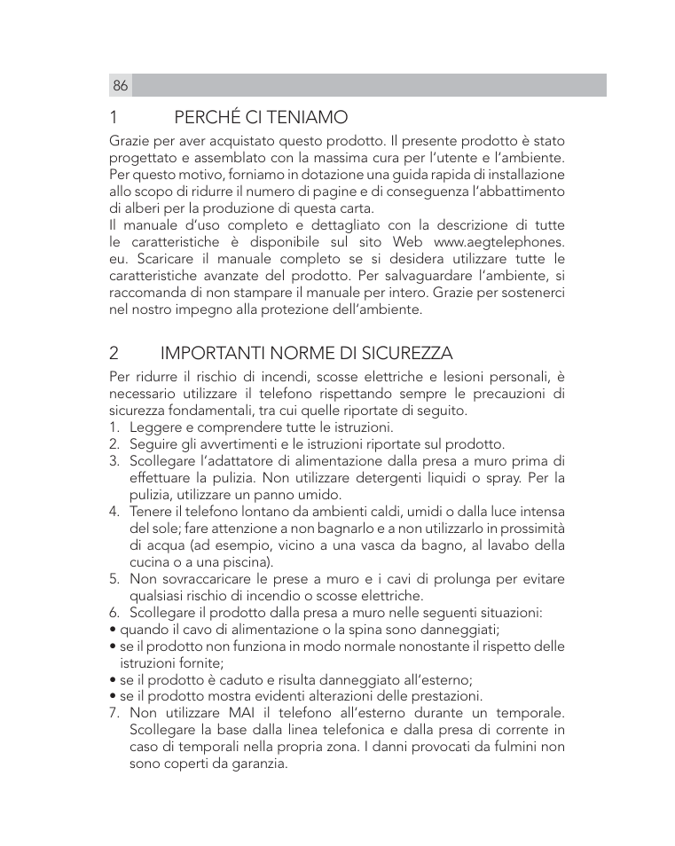 1perché ci teniamo, 2importanti norme di sicurezza | AEG Voxtel D505 User Manual | Page 86 / 150