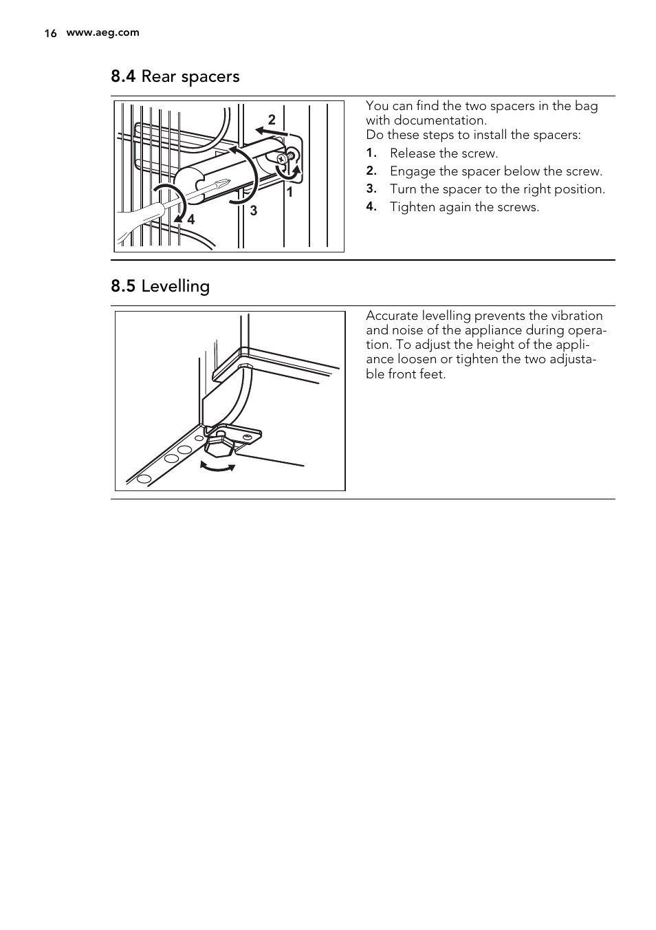 4 rear spacers, 5 levelling | AEG A71101TSX0 User Manual | Page 16 / 24
