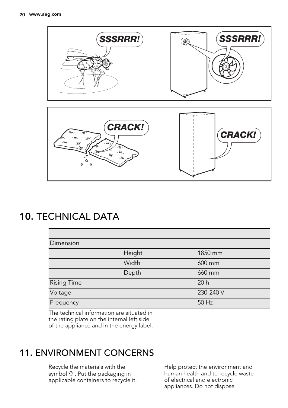 Technical data, Sssrrr, Crack | Environment concerns | AEG A71101TSX0 User Manual | Page 20 / 24