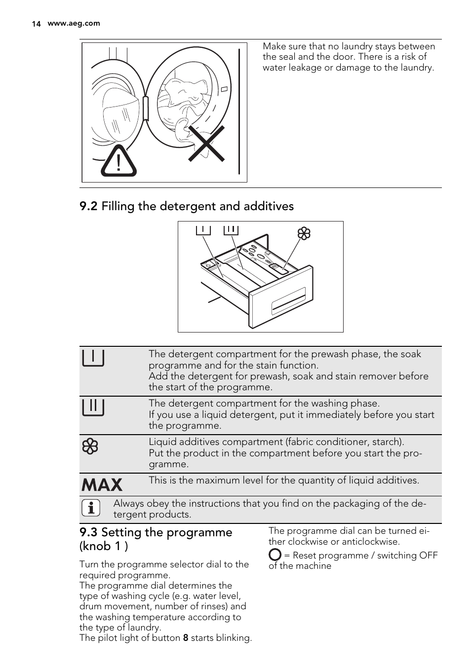 2 filling the detergent and additives, 3 setting the programme (knob 1 ) | AEG L61470BI User Manual | Page 14 / 36