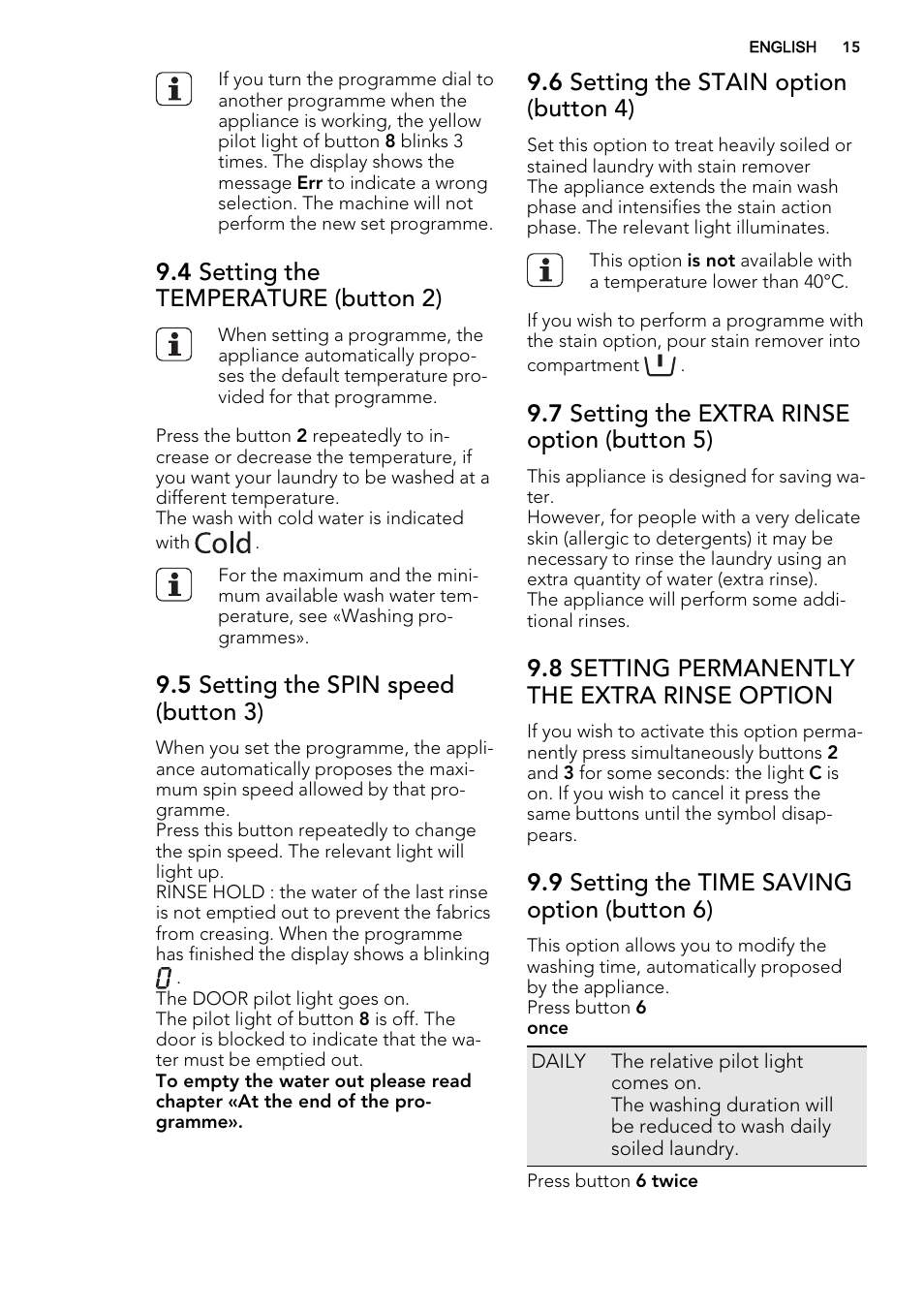 4 setting the temperature (button 2), 5 setting the spin speed (button 3), 6 setting the stain option (button 4) | 7 setting the extra rinse option (button 5), 8 setting permanently the extra rinse option, 9 setting the time saving option (button 6) | AEG L61470BI User Manual | Page 15 / 36