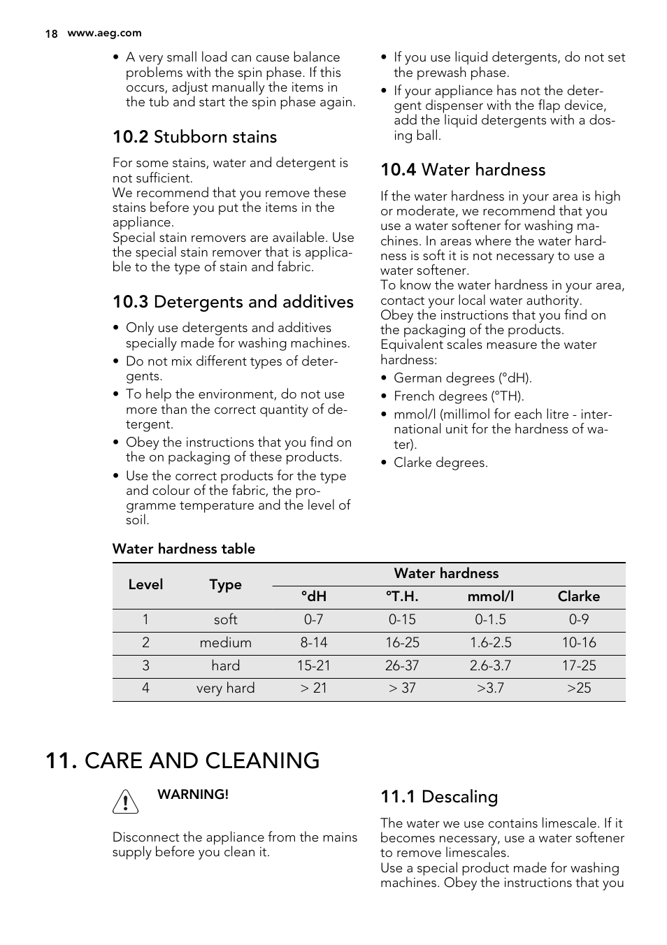 Care and cleaning, 2 stubborn stains, 3 detergents and additives | 4 water hardness, 1 descaling | AEG L61470BI User Manual | Page 18 / 36