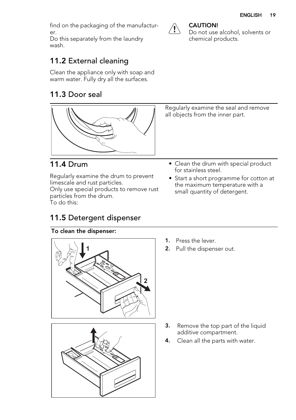 2 external cleaning, 3 door seal, 4 drum | 5 detergent dispenser | AEG L61470BI User Manual | Page 19 / 36