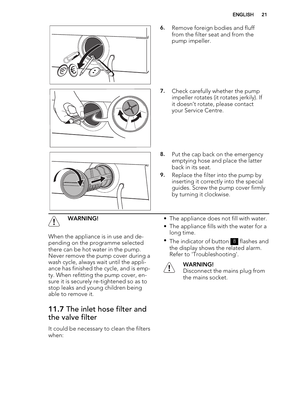 7 the inlet hose filter and the valve filter | AEG L61470BI User Manual | Page 21 / 36