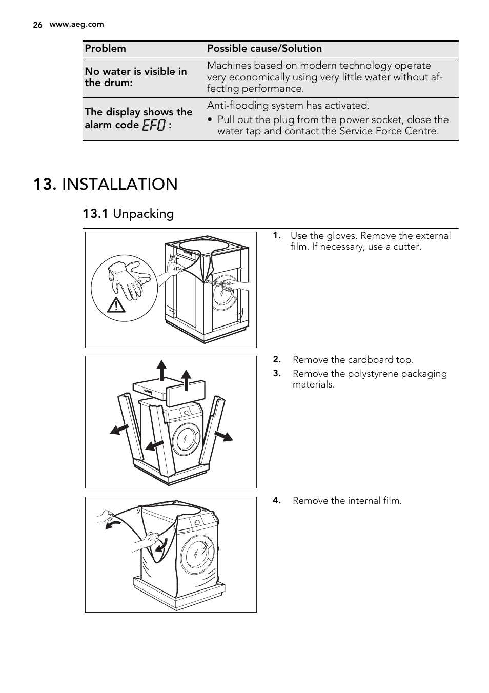 Installation, 1 unpacking | AEG L61470BI User Manual | Page 26 / 36