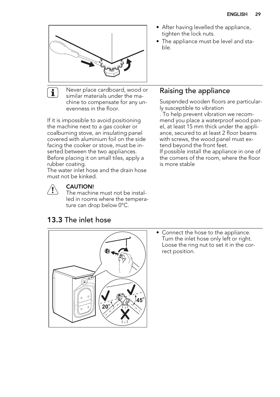 Raising the appliance, 3 the inlet hose | AEG L61470BI User Manual | Page 29 / 36