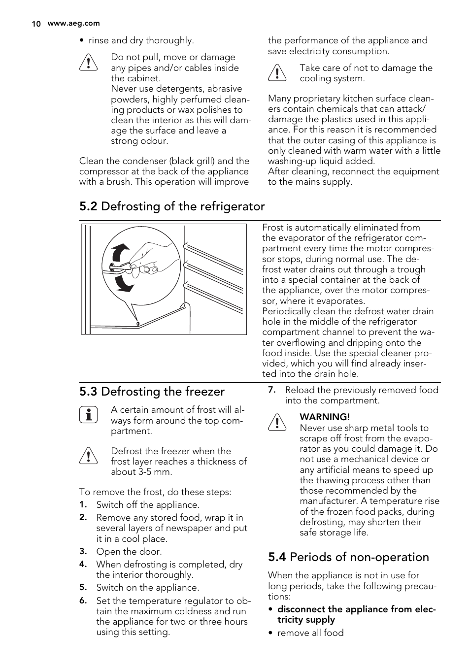 2 defrosting of the refrigerator, 3 defrosting the freezer, 4 periods of non-operation | AEG SKZ71800F0 User Manual | Page 10 / 20