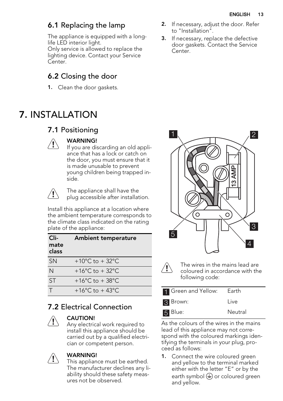 Installation, 1 replacing the lamp, 2 closing the door | 1 positioning, 2 electrical connection | AEG SKZ71800F0 User Manual | Page 13 / 20