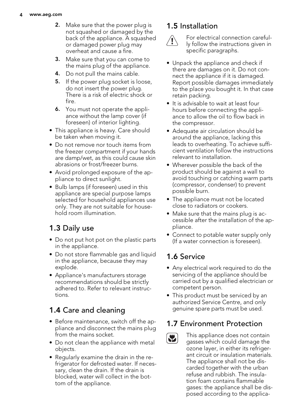 3 daily use, 4 care and cleaning, 5 installation | 6 service, 7 environment protection | AEG SKZ71800F0 User Manual | Page 4 / 20