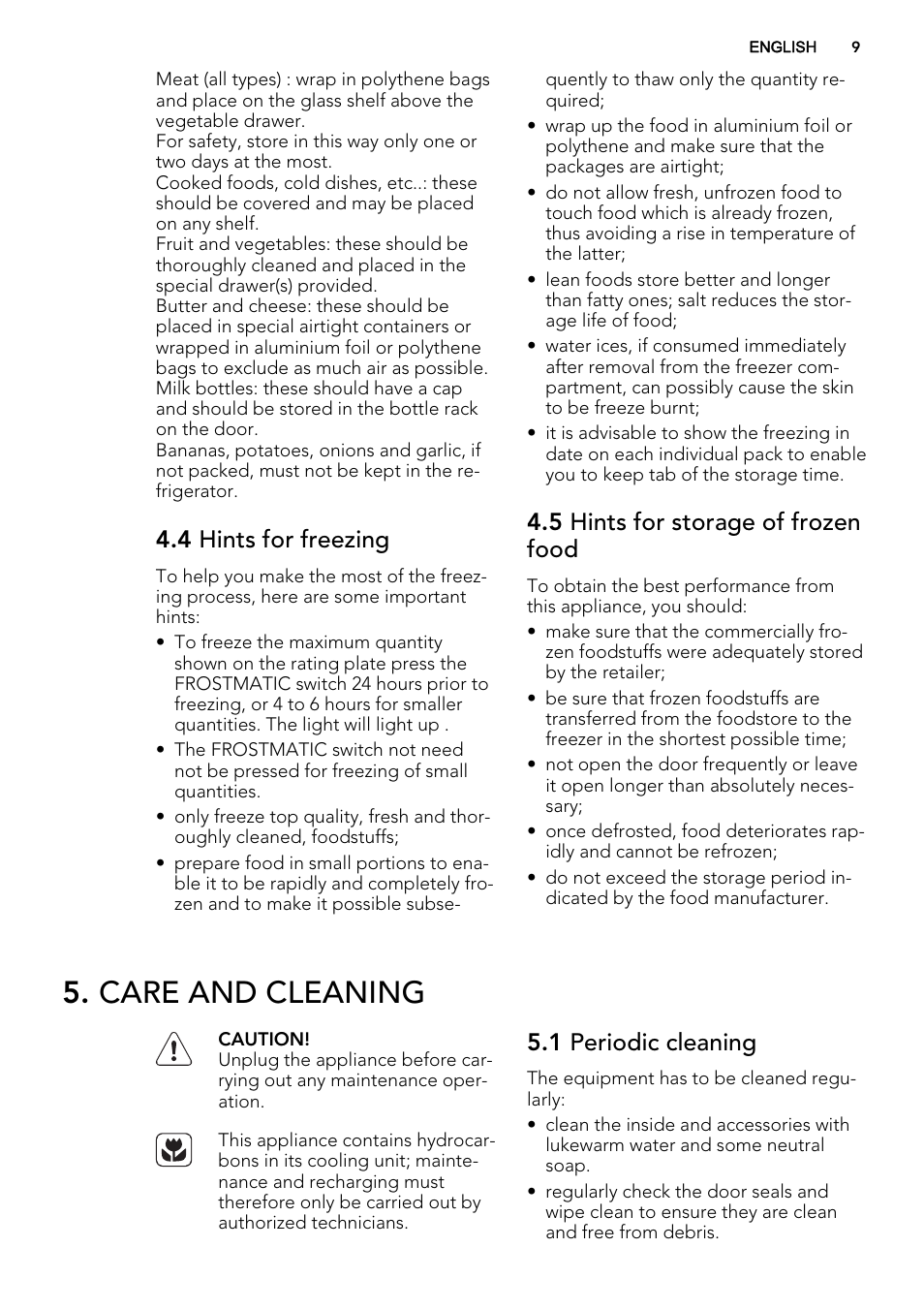 Care and cleaning, 4 hints for freezing, 5 hints for storage of frozen food | 1 periodic cleaning | AEG SKZ71800F0 User Manual | Page 9 / 20