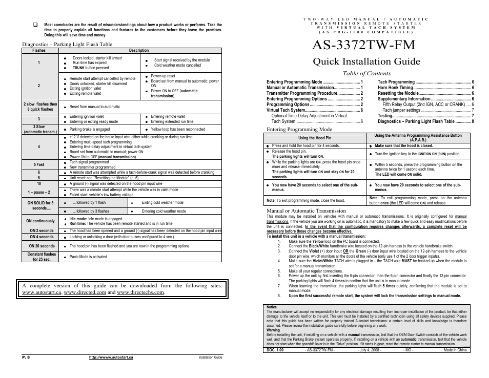 Autostart AS-3372 TW-FM User Manual | 4 pages