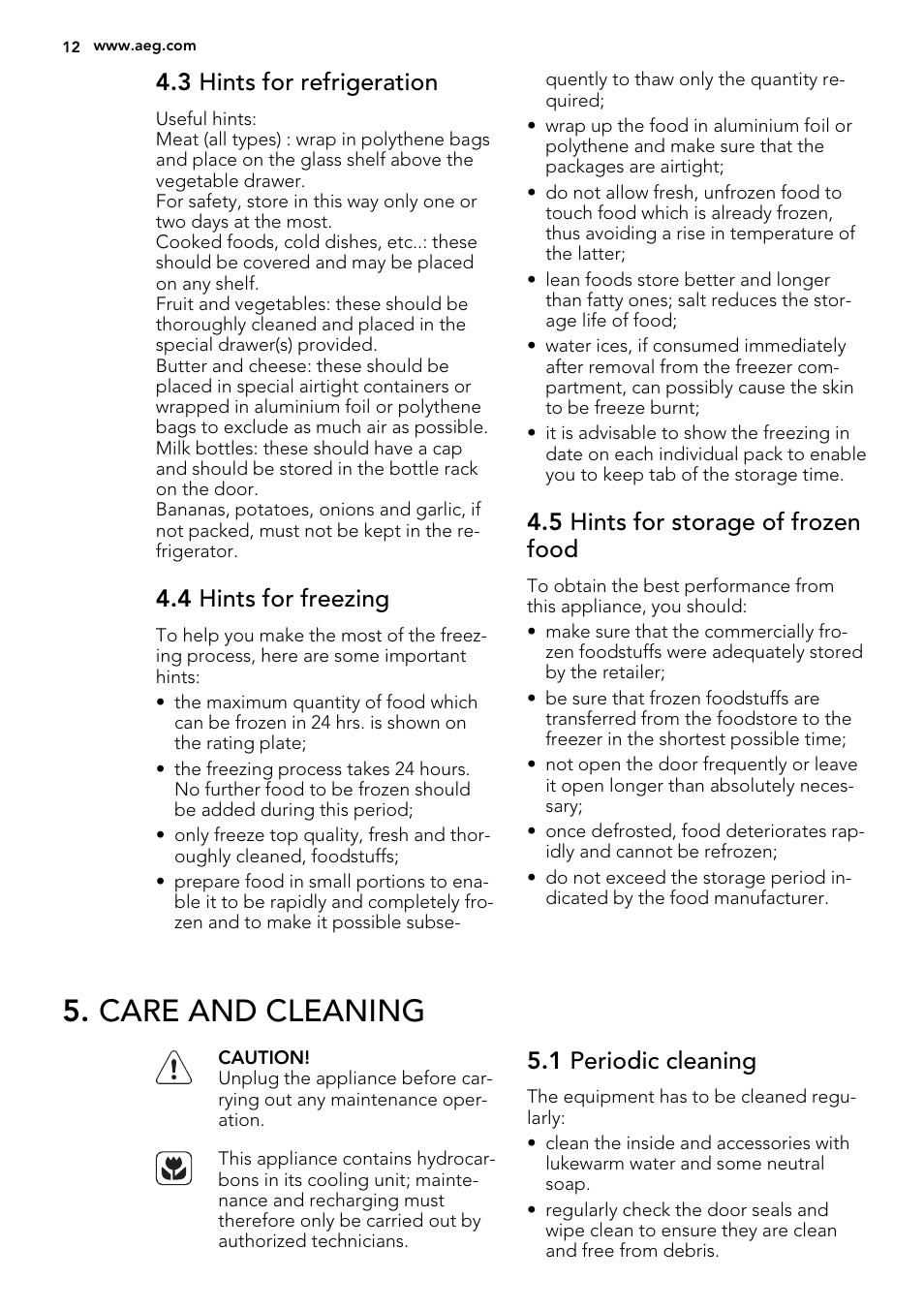 Care and cleaning, 3 hints for refrigeration, 4 hints for freezing | 5 hints for storage of frozen food, 1 periodic cleaning | AEG S53600CSW0 User Manual | Page 12 / 24
