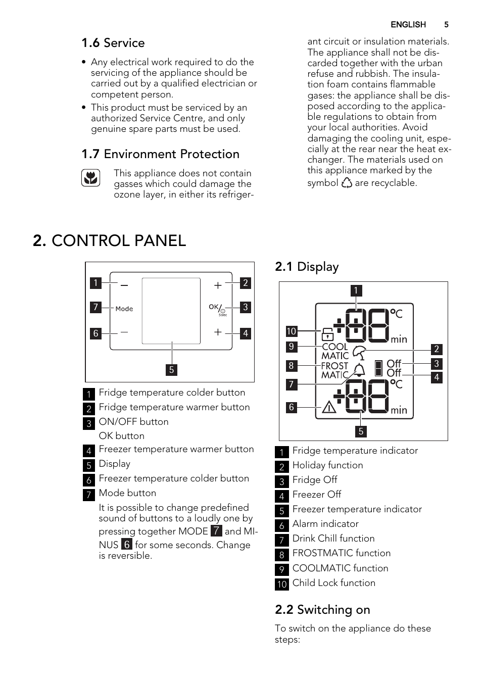 Control panel, 6 service, 7 environment protection | 1 display, 2 switching on | AEG S53600CSW0 User Manual | Page 5 / 24