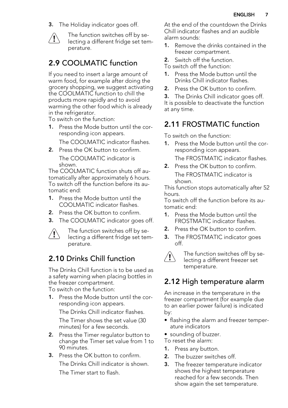 9 coolmatic function, 10 drinks chill function, 11 frostmatic function | 12 high temperature alarm | AEG S53600CSW0 User Manual | Page 7 / 24