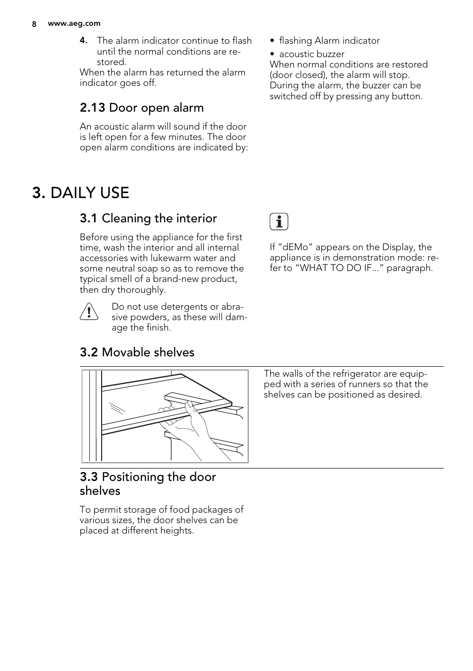 Daily use, 13 door open alarm, 1 cleaning the interior | 2 movable shelves, 3 positioning the door shelves | AEG S53600CSW0 User Manual | Page 8 / 24