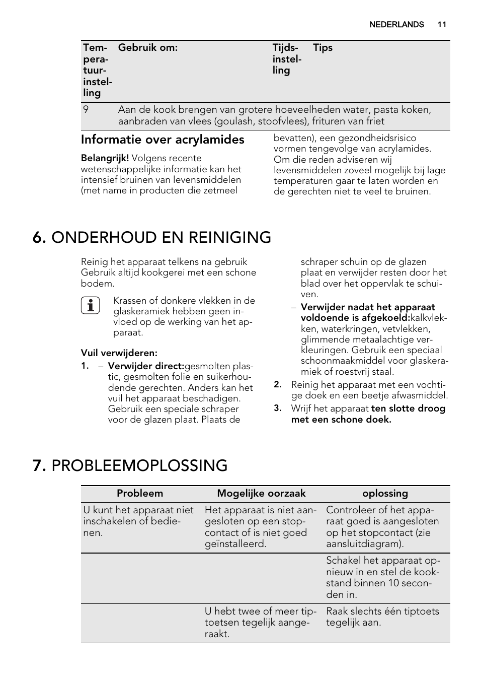 Onderhoud en reiniging, Probleemoplossing, Informatie over acrylamides | AEG HK764070FB User Manual | Page 11 / 64