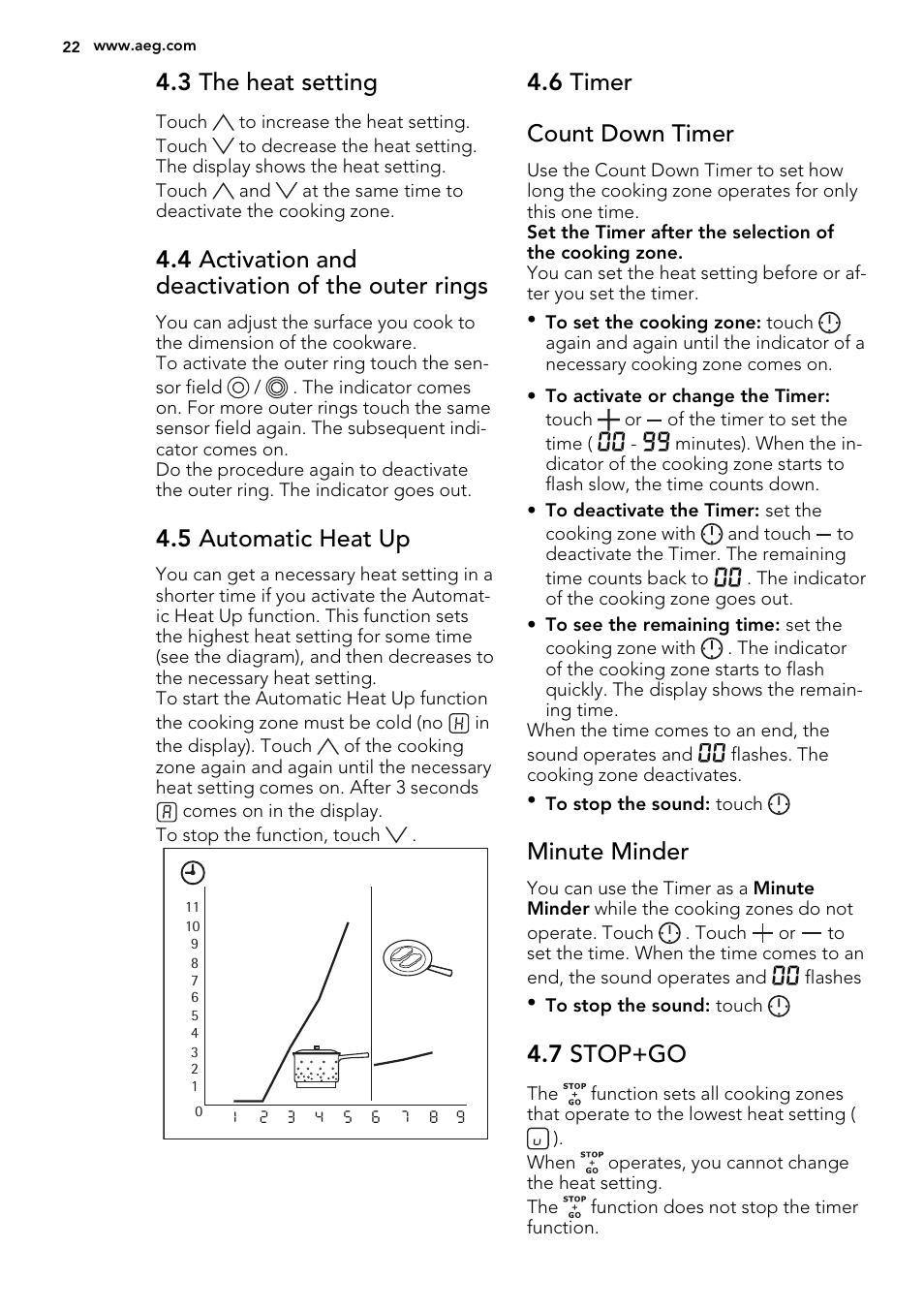 3 the heat setting, 4 activation and deactivation of the outer rings, 5 automatic heat up | 6 timer count down timer, Minute minder, 7 stop+go | AEG HK764070FB User Manual | Page 22 / 64