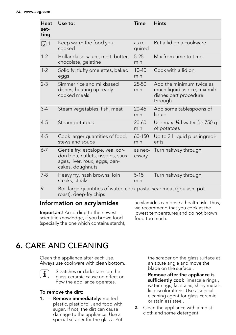 Care and cleaning, Information on acrylamides | AEG HK764070FB User Manual | Page 24 / 64