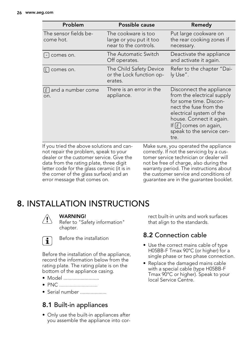 Installation instructions, 1 built-in appliances, 2 connection cable | AEG HK764070FB User Manual | Page 26 / 64