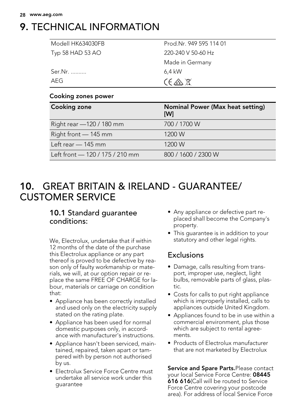 Technical information, 1 standard guarantee conditions, Exclusions | AEG HK764070FB User Manual | Page 28 / 64