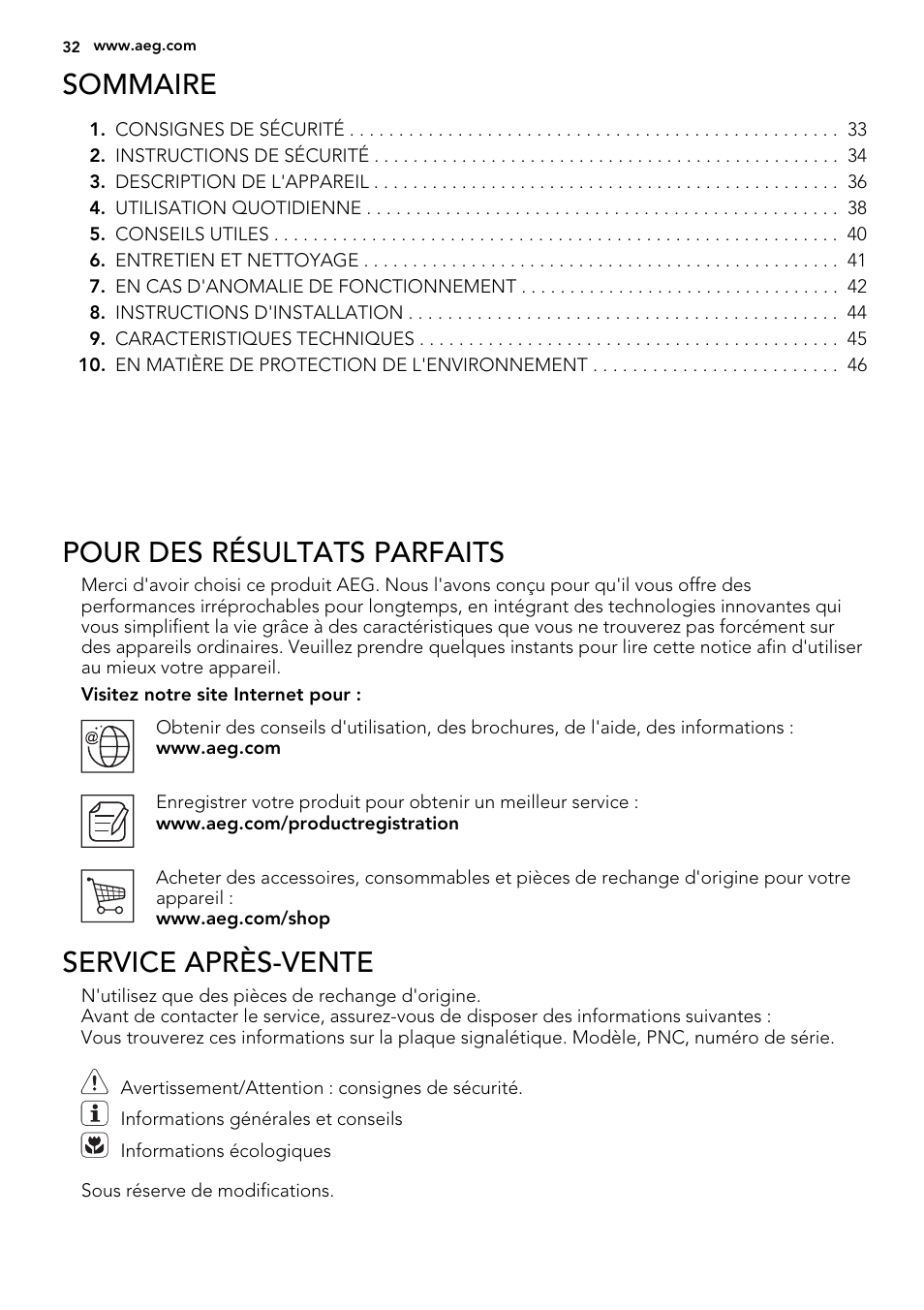 Sommaire, Pour des résultats parfaits, Service après-vente | AEG HK764070FB User Manual | Page 32 / 64