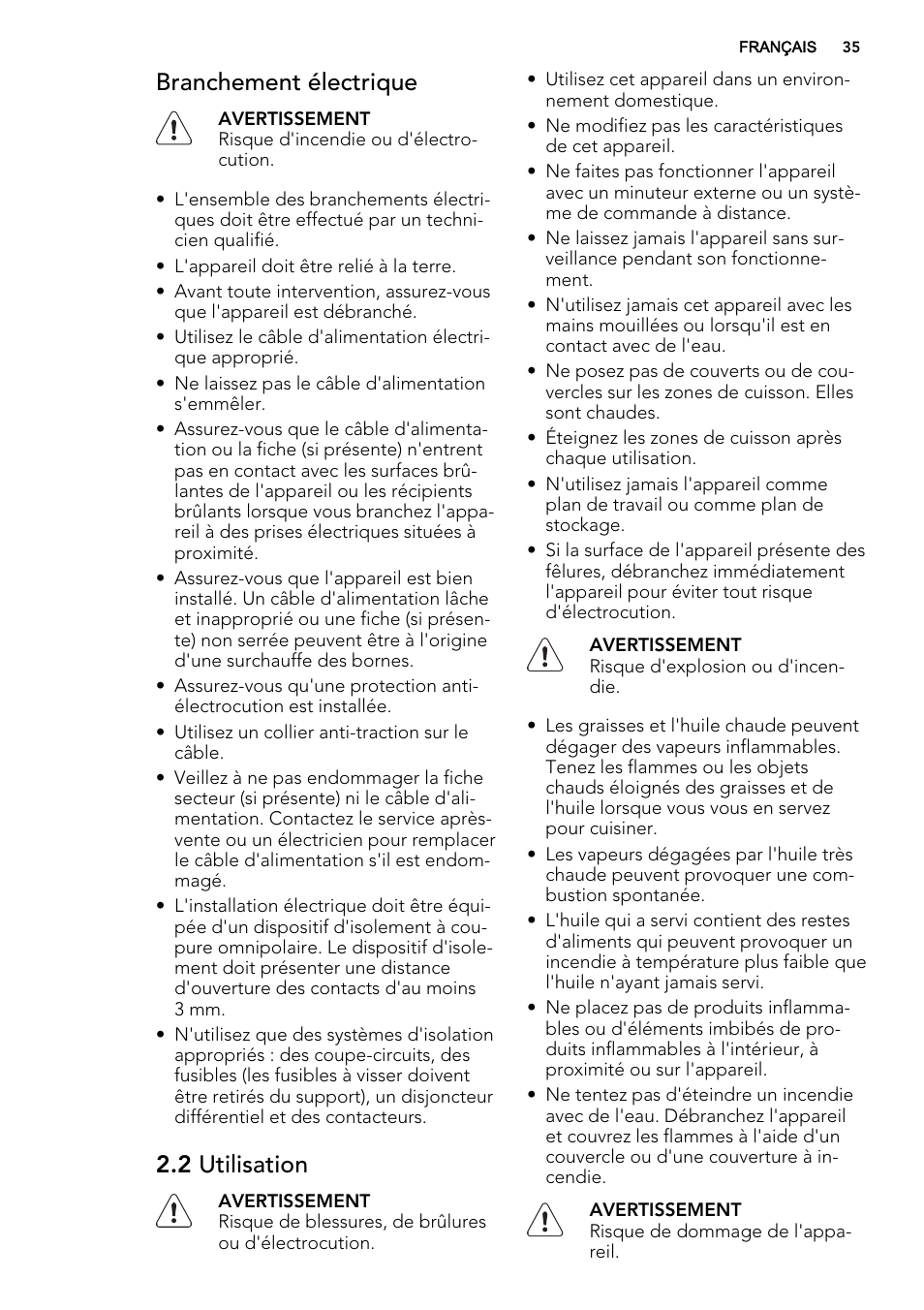 Branchement électrique, 2 utilisation | AEG HK764070FB User Manual | Page 35 / 64