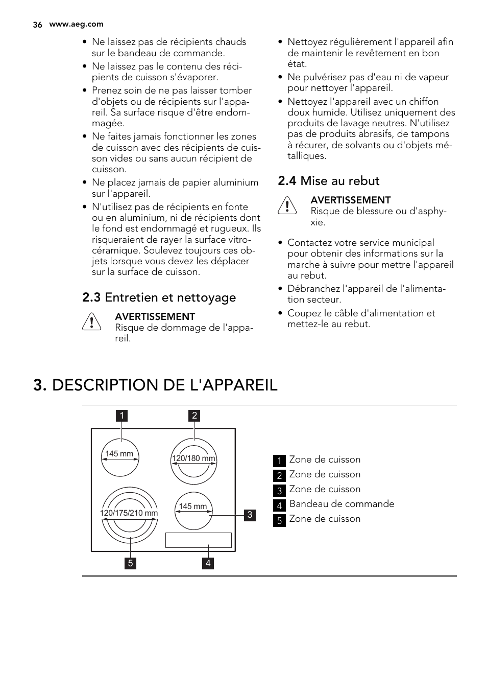 Description de l'appareil, 3 entretien et nettoyage, 4 mise au rebut | AEG HK764070FB User Manual | Page 36 / 64