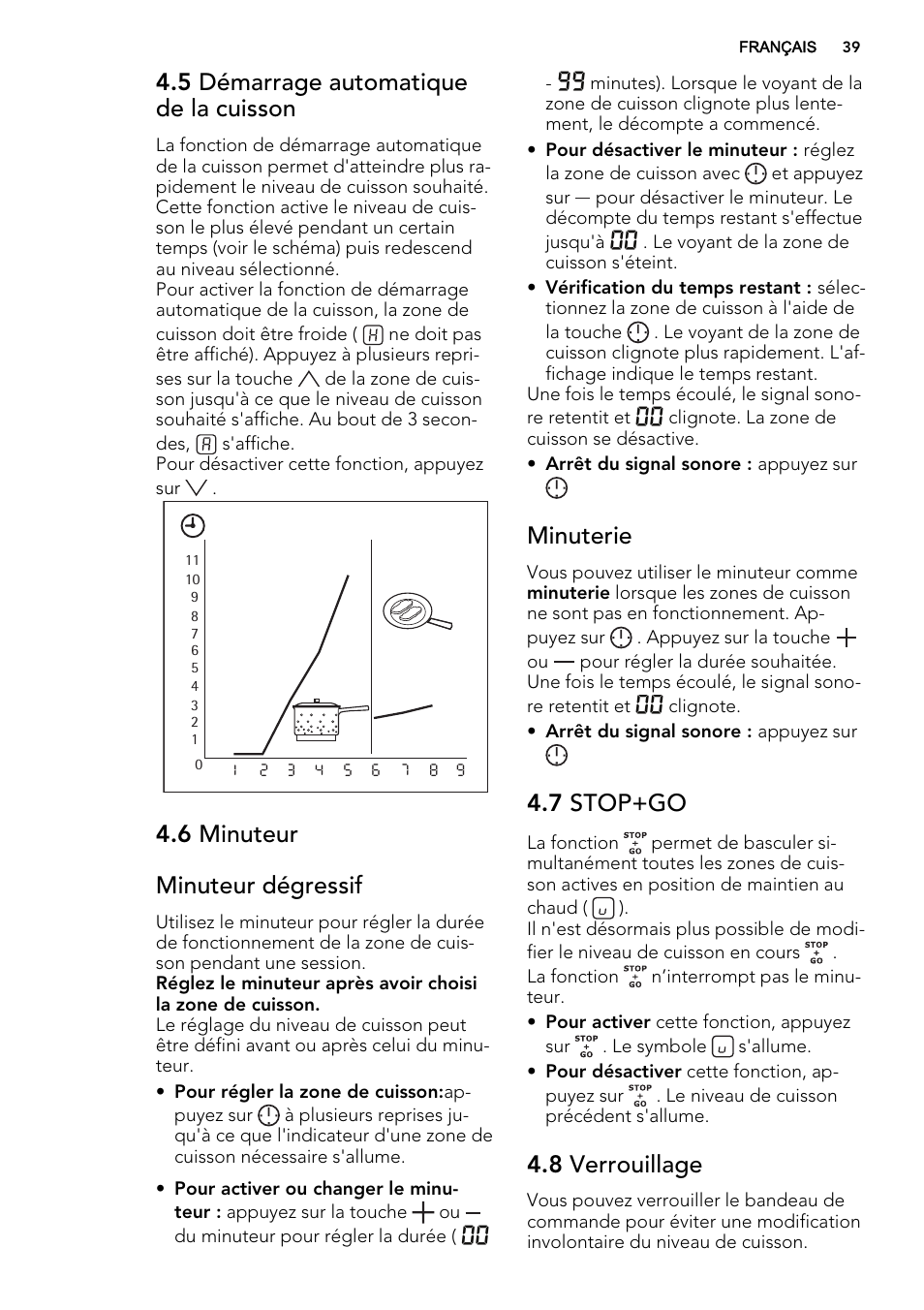 5 démarrage automatique de la cuisson, 6 minuteur minuteur dégressif, Minuterie | 7 stop+go, 8 verrouillage | AEG HK764070FB User Manual | Page 39 / 64