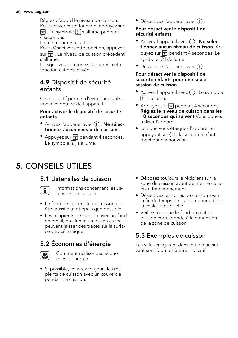 Conseils utiles, 9 dispositif de sécurité enfants, 1 ustensiles de cuisson | 2 économies d'énergie, 3 exemples de cuisson | AEG HK764070FB User Manual | Page 40 / 64